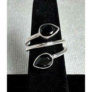 Black Faceted Teardrop Spinel Sterling Silver Spiral Spring Shape Ring - Size 6